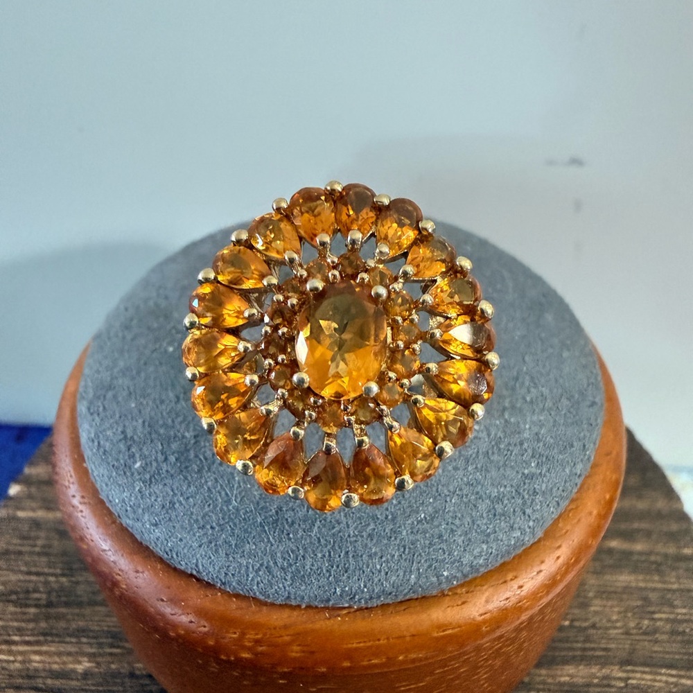 925, Sterling Gold - Over Vintage Statement Citrine Cluster Ring Sz 8.5